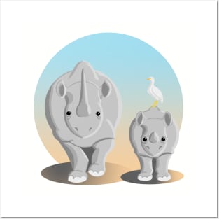 Rhinoceros mother and calf Posters and Art